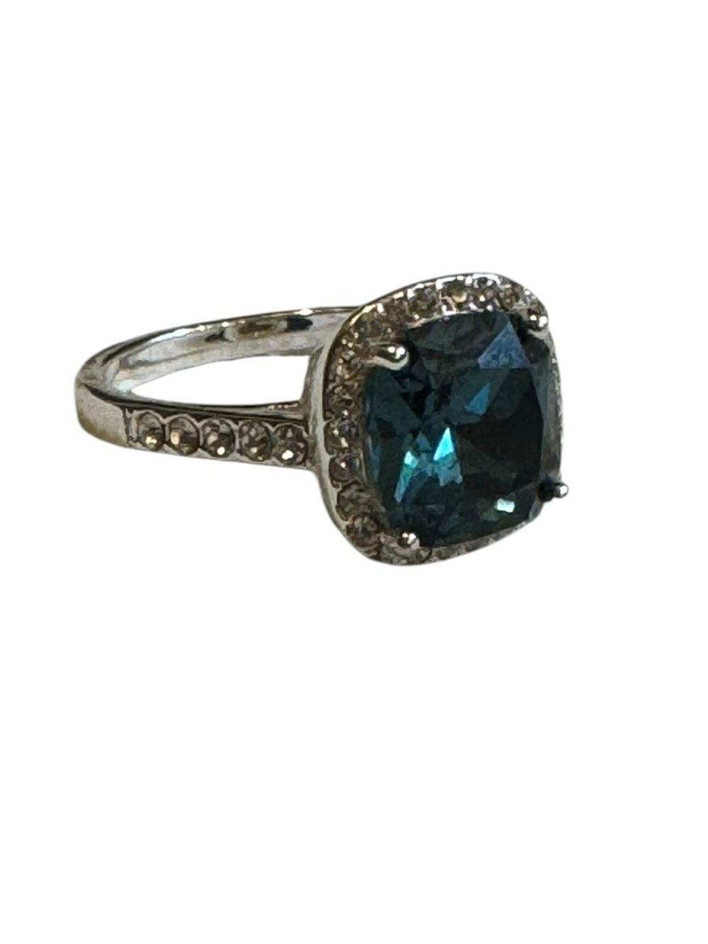 Silver Teal‎ Cushion Halo Ring​